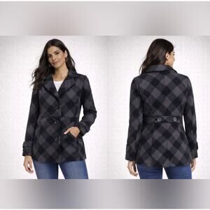 Aeropostale Wool Black, Gray and Pink Plaid Pea Coat Size Small